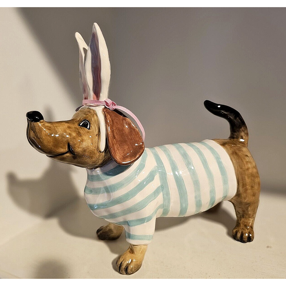 Blue Sky Clayworks Dachshund w/ Easter Bunny Ears and Stripe Shirt Figure/Statue
